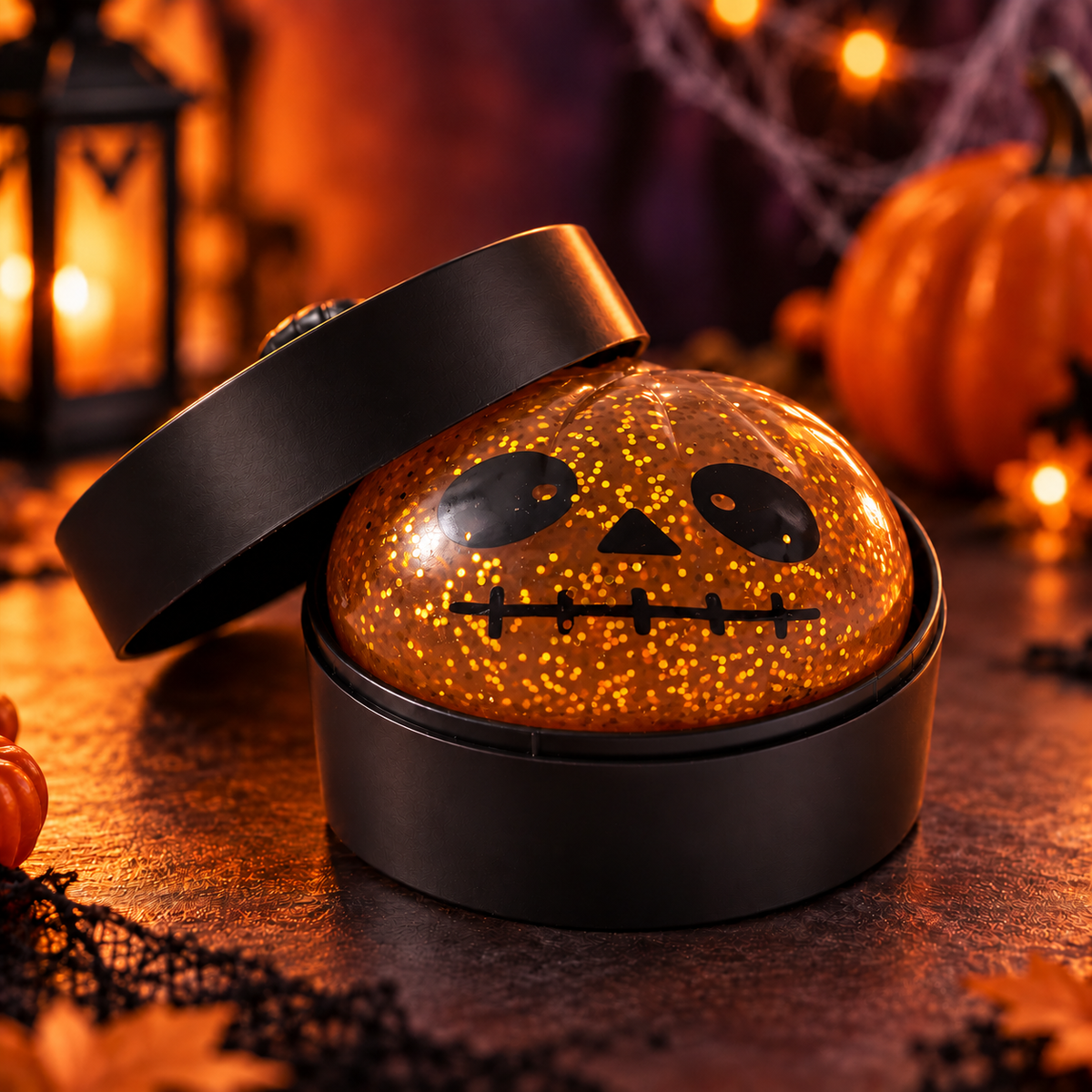 Squishy Halloween pailleté squelette ambre à la bouche cousue dans sa boîte noire
