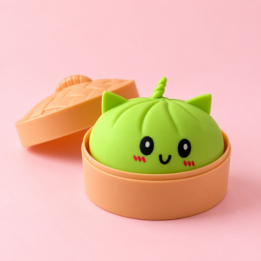 Squishy bao kawaii vert avec oreilles de chat et corne de licorne dans son panier vapeur, fond rose
