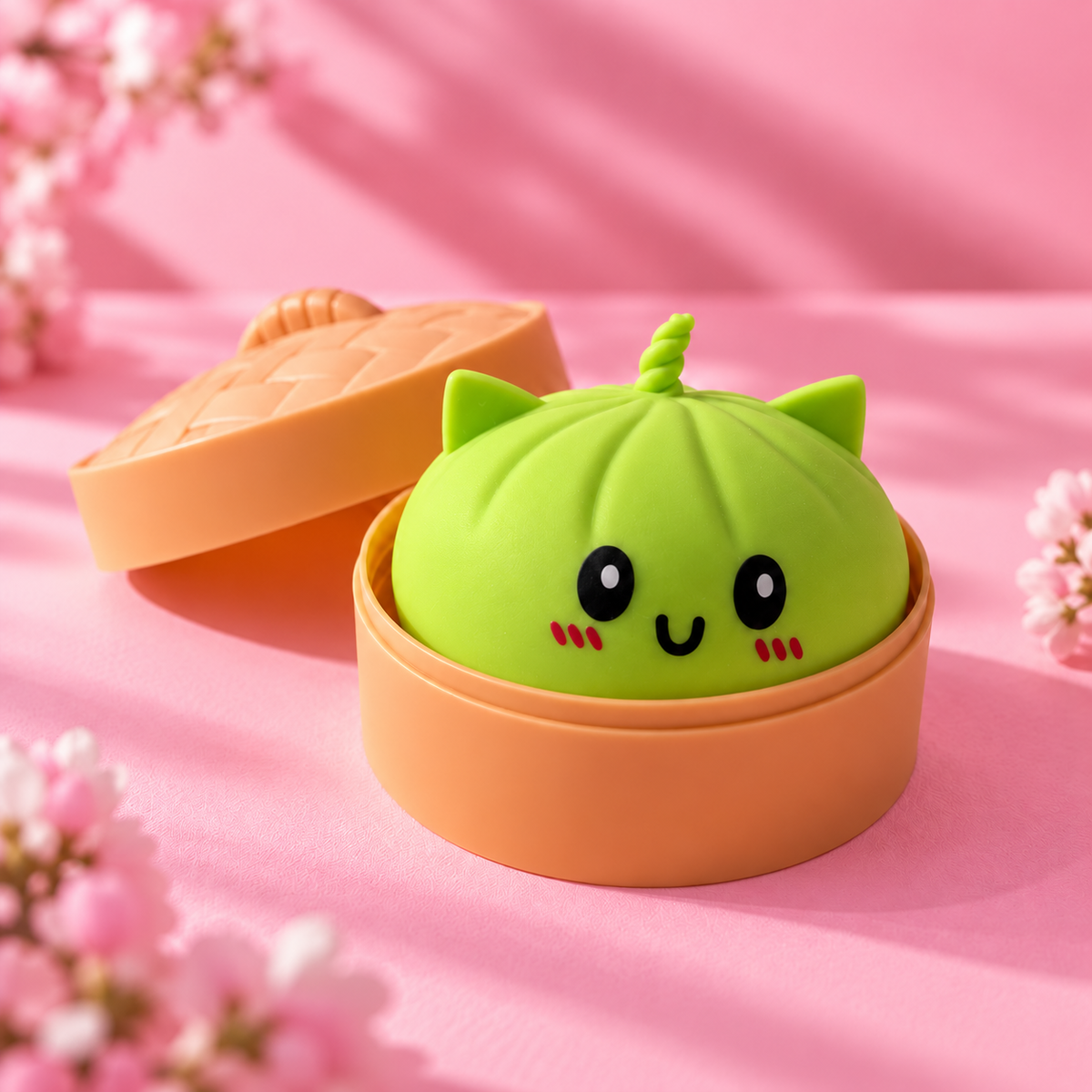 Squishy bao kawaii vert dans son panier vapeur, ambiance fleurs de cerisier