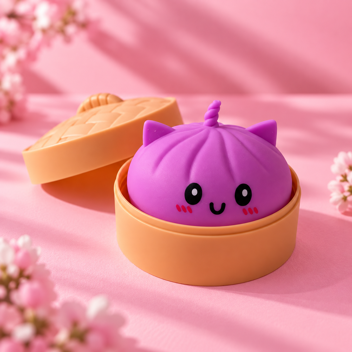 Squishy bao kawaii violet dans son panier vapeur, ambiance fleurs de cerisier