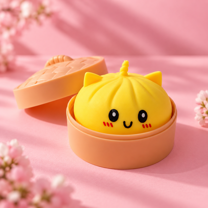 Squishy bao kawaii jaune dans son panier vapeur, ambiance fleurs de cerisier
