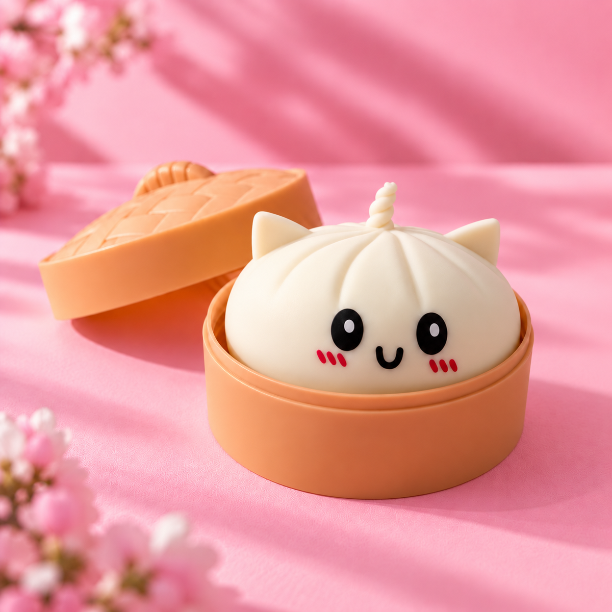 Squishy bao kawaii crème dans son panier vapeur, ambiance fleurs de cerisier
