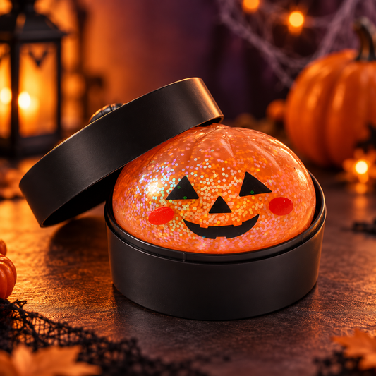 Squishy Halloween pailleté citrouille orange dans sa boîte noire