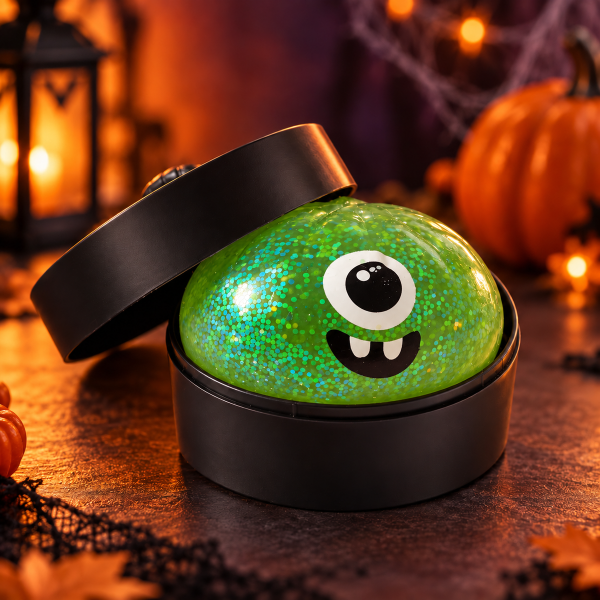 Squishy Halloween pailleté monstre cyclope vert dans sa boîte noire