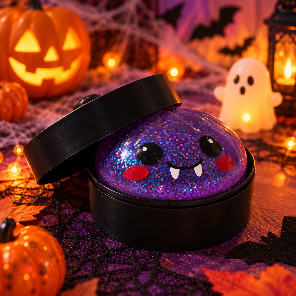 Squishy Halloween pailleté vampire violet dans sa boîte noire
