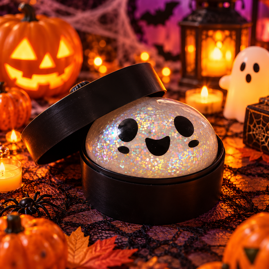 Squishy Halloween pailleté fantôme blanc irisé dans sa boîte noire