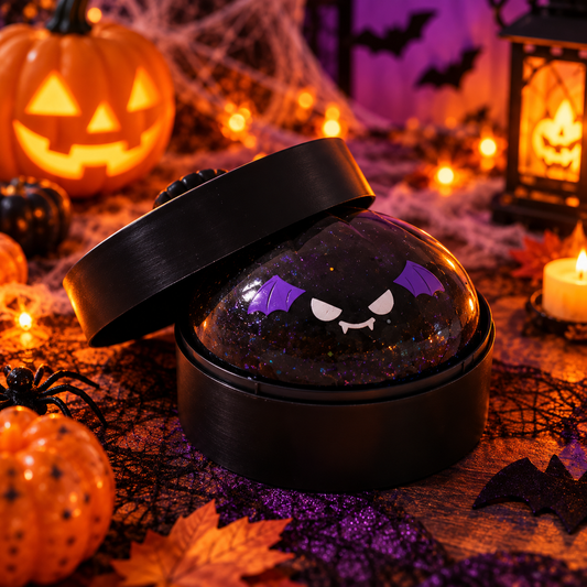 Squishy Halloween pailleté chauve-souris noire aux ailes violettes dans sa boîte noire